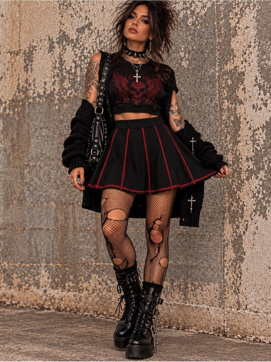 Hot Topic Dresses & Skirts - Hot Topic Black Red Contrast Stitch Pleated Skater Mini Skirt Size Large Punk